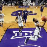 
              Kansas State guard Markquis Nowell puts up a shot during the second half of an NCAA college basketball game against TCU Wednesday, Jan. 12, 2022, in Manhattan, Kan. TCU won 60-57. (AP Photo/Charlie Riedel)
            