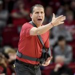 
              Arkansas coach Eric Musselman reacts to a call during the second half of the team's NCAA college basketball game against South Carolina on Tuesday, Jan. 18, 2022, in Fayetteville, Ark. (AP Photo/Michael Woods)
            