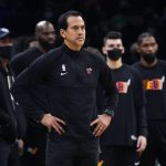 
              Miami Heat head coach Erik Spoelstra watches play during the first half of an NBA basketball game against the Boston Celtics, Monday, Jan. 31, 2022, in Boston. (AP Photo/Charles Krupa)
            