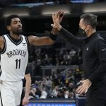 
              Brooklyn Nets coach Steve Nash reacts with Kyrie Irving during the second half of the team's NBA basketball game against the Indiana Pacers, Wednesday, Jan. 5, 2022, in Indianapolis. (AP Photo/Darron Cummings)
            