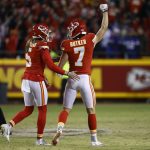 
              Kansas City Chiefs kicker Harrison Butker (7) celebrates with teammate Tommy Townsend (5) after kicking a 49-yard field goal during the fourth quarter of an NFL divisional round playoff football game against the Buffalo Bills, Sunday, Jan. 23, 2022, in Kansas City, Mo. The Chiefs won 42-36. (AP Photo/Colin E. Braley)
            