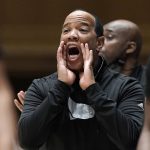 
              North Carolina State head coach Kevin Keatts yells during the first half of an NCAA college basketball game against Duke in Durham, N.C., Saturday, Jan. 15, 2022. (AP Photo/Gerry Broome)
            