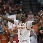 
              Texas guard Andrew Jones (1) reacts to the crowd during the second half of an NCAA college basketball game against Oklahoma Tuesday, Jan. 11, 2022, in Austin, Texas. (AP Photo/Eric Gay)
            