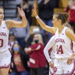 
              Indiana forward Aleksa Gulbe (10), left, and guard Ali Patberg (14) react as time expires in their overtime defeat of Maryland in an NCAA college basketball game, Sunday, Jan. 2, 2022, in Bloomington, Ind. (AP Photo/Doug McSchooler)
            