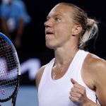 
              Kaia Kanepi of Estonia reacts after defeating Aryna Sabalenka of Belarus in their fourth round match at the Australian Open tennis championships in Melbourne, Australia, early Tuesday, Jan. 25, 2022.
            