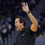 
              Miami Heat head coach Erik Spoelstra gestures toward players during the first half of his team's NBA basketball game against the Golden State Warriors in San Francisco, Monday, Jan. 3, 2022. (AP Photo/Jeff Chiu)
            