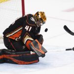 
              Anaheim Ducks goaltender Anthony Stolarz (41) blocks a shot in the third period of an NHL hockey game against the Pittsburgh Penguins in Anaheim, Calif., Tuesday, Jan. 11, 2022. (AP Photo/Kyusung Gong)
            