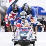 
              Hunter Church of USA and team in action during the Men's 4-Bob World Cup in St. Moritz, Switzerland,, on Sunday Jan. 16, 2022. (Mayk Wendt/Keystone via AP)
            