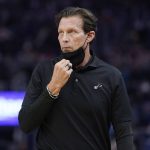 
              Utah Jazz head coach Quin Snyder watches during the first half of his team's NBA basketball game against the Golden State Warriors in San Francisco, Sunday, Jan. 23, 2022. (AP Photo/Jeff Chiu)
            