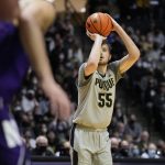 
              Purdue guard Sasha Stefanovic (55) shoots while playing Northwestern in the second half of an NCAA college basketball game in West Lafayette, Ind., Sunday, Jan. 23, 2022. Purdue won 80-60. (AP Photo/AJ Mast)
            