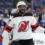 
              New Jersey Devils defenseman P.K. Subban (76) reacts towards an official in the first period of an NHL hockey game against the New York Islanders on Thursday, Jan. 13, 2022, in Elmont, N.Y. (AP Photo/Adam Hunger)
            