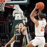 
              Miami guard Isaiah Wong (2) shoots as Florida State guard Jalen Warley (1) defends during the first half of an NCAA college basketball game, Saturday, Jan. 22, 2022, in Coral Gables, Fla. (AP Photo/Lynne Sladky)
            