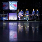 
              The New York Rangers retire number 30 of former goaltender Henrik Lundqvist, far left, before an NHL hockey game between the Rangers and the Minnesota Wild  Friday, Jan. 28, 2022 in New York.  He was joined on the ice by four former Rangers who have also had their number retired, left to right, Mike Richter, Mark Messier, Adam Graves and Brian Leetch.(AP Photo/John Munson)
            