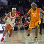 
              Georgia guard Chloe Chapman (1) drives past Tennessee guard Jordan Horston (25) during the second half of an NCAA college basketball game Sunday, Jan. 23, 2022, in Athens, Ga. (AP Photo/Hakim Wright Sr.)
            