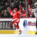 
              Detroit Red Wings center Dylan Larkin (71) celebrates after scoring a goal against the Anaheim Ducks during the first period of an NHL hockey game Monday, Jan. 31, 2022, in Detroit. (AP Photo/Jose Juarez)
            