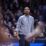 
              Butler coach LaVall Jordan watches the team play Xavier during the first half of an NCAA college basketball game Friday, Jan. 7, 2022, in Indianapolis. (AP Photo/Doug McSchooler)
            