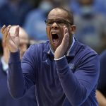 
              North Carolina head coach Hubert Davis reacts during the second half of an NCAA college basketball game against Virginia Tech in Chapel Hill, N.C., Monday, Jan. 24, 2022. (AP Photo/Gerry Broome)
            