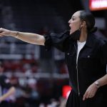 
              Arizona head coach Adia Barnes reacts on the court during the second half of an NCAA college basketball game against Stanford, Sunday, Jan. 30, 2022, in Stanford, Calif. (AP Photo/Josie Lepe)
            