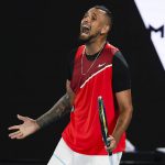 
              Nick Kyrgios of Australia reacts during his second round match against Daniil Medvedev of Russia at the Australian Open tennis championships in Melbourne, Australia, Thursday, Jan. 20, 2022. (AP Photo/Hamish Blair)
            