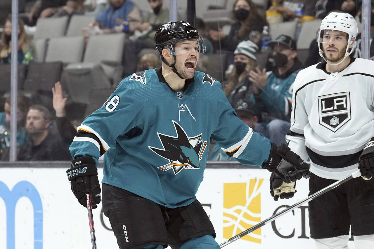 San Jose Sharks center Tomas Hertl (48) reacts after being called for a penalty during the second p...