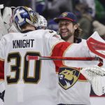 
              Florida Panthers goalie Spencer Knight, left, and goalie Sergei Bobrovsky celebrate after the Panthers defeated the Vancouver Canucks in an NHL hockey game Friday, Jan. 21, 2022, in Vancouver, British Columbia. (Darryl Dyck/The Canadian Press via AP)
            