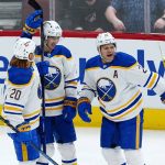 
              Buffalo Sabres right wing Kyle Okposo (21) celebrates his goal against the Arizona Coyotes with centers Cody Eakin (20) and Dylan Cozens (24) during the first period of an NHL hockey game Saturday, Jan. 29, 2022, in Glendale, Ariz. (AP Photo/Ross D. Franklin)
            