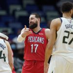 
              New Orleans Pelicans center Jonas Valanciunas (17) reacts to an official after a foul was called in the first half of an NBA basketball game against the Utah Jazz in New Orleans, Monday, Jan. 3, 2022. (AP Photo/Gerald Herbert)
            