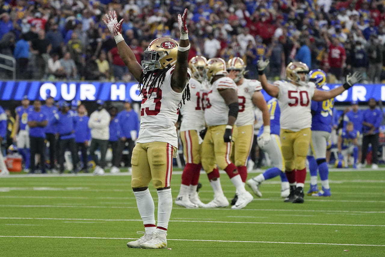San Francisco 49ers running back JaMycal Hasty (23) celebrates after a touchdown during the second ...
