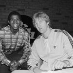 
              FILE - Magic Johnson, left, of Michigan State, and Larry Bird, of Indiana State, pose during a news conference for the NCAA college basketball championships, in Salt Lake City on March 25, 1979. (AP Photo/Jerome McLendon, File)
            