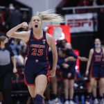 
              Arizona forward Cate Reese (25) celebrates after making a 3-point basket during the second half of an NCAA college basketball game against Stanford, Sunday, Jan. 30, 2022, in Stanford, Calif. (AP Photo/Josie Lepe)
            