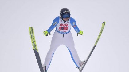 FILE - Norway's Maren Lundby competes in the mixed team ski jumping World Cup event in Rasnov, Roma...