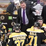 
              Boston Bruins head coach Bruce Cassidy, top center, talks with his players during a timeout late in the third period of an NHL hockey game against the Anaheim Ducks, Monday, Jan. 24, 2022, in Boston. (AP Photo/Charles Krupa)
            