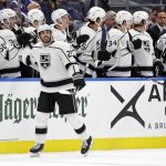 
              Los Angeles Kings center Andreas Athanasiou (22) celebrates scoring a goal in the second period of an NHL hockey game against the New York Islanders on Thursday, Jan. 27, 2022, in Elmont, N.Y. (AP Photo/Adam Hunger)
            