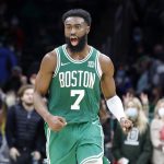 
              Boston Celtics guard Jaylen Brown (7) reacts during overtime of an NBA basketball game against the Orlando Magic, Sunday, Jan. 2, 2022, in Boston. (AP Photo/Mary Schwalm)
            