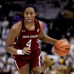 
              South Carolina forward Aliyah Boston bring the ball up against LSU during the first half of an NCAA college basketball game in Baton Rouge, La., Thursday, Jan. 6, 2022. (AP Photo/Derick Hingle)
            