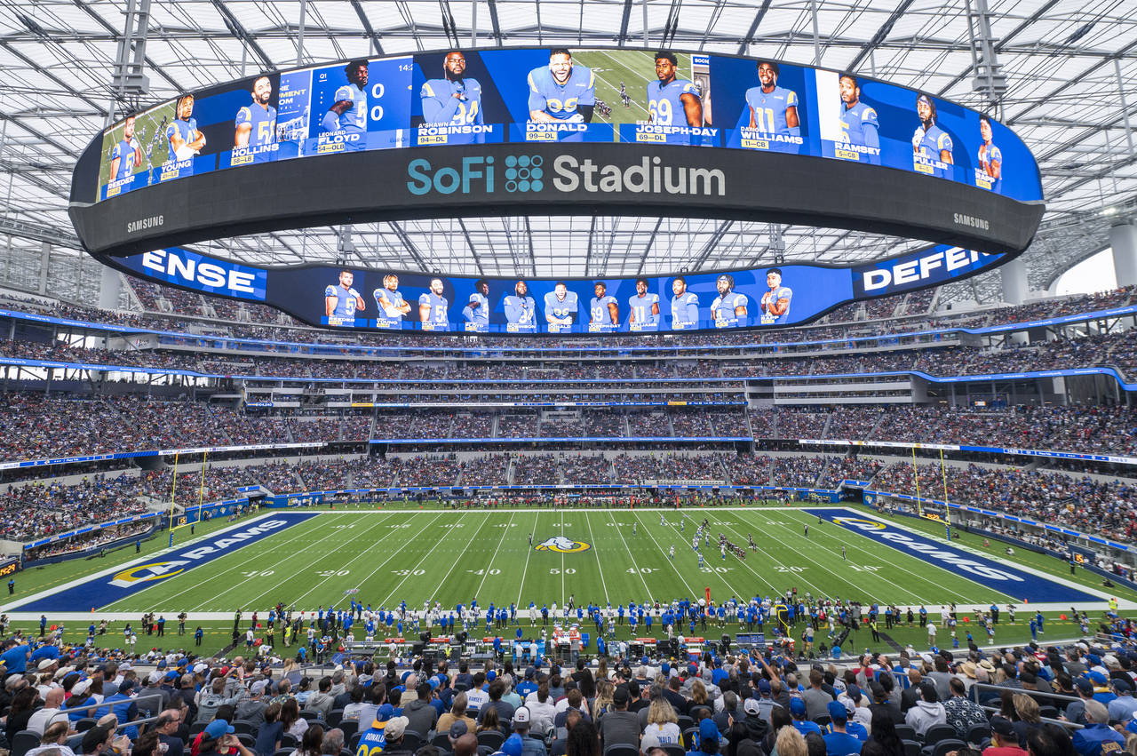 FILE - This is a general overall interior view of SoFi Stadium as the Los Angeles Rams takes on the...