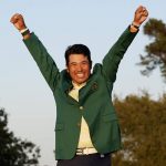 
              FILE -Hideki Matsuyama of Japan celebrates after putting on the champion's green jacket after winning the Masters golf tournament on Sunday, April 11, 2021, in Augusta, Ga. Matsuyama has been a mentor to No. 1 amateurs Takumi Kanaya and Keita Nakajima. All three are playing the Sony Open this week. (AP Photo/Gregory Bull, File)
            