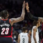 
              Portland Trail Blazers forward Robert Covington, right, and guard Ben McLemore high-five during the second half of an NBA basketball game against the Brooklyn Nets in Portland, Ore., Monday, Jan. 10, 2022. (AP Photo/Craig Mitchelldyer)
            