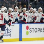 
              Washington Capitals right wing Tom Wilson (43) celebrates with teammates after scoring against the New York Islanders during the first period of an NHL hockey game, Saturday, Jan. 15, 2022, in Elmont, N.Y. (AP Photo/Mary Altaffer)
            