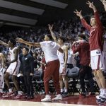 
              Alabama's bench cheers a 3-point shot by Jaden Shackelford during the first half of an NCAA college basketball game against Baylor, Saturday, Jan. 29, 2022, in Tuscaloosa, Ala. (AP Photo/Vasha Hunt)
            