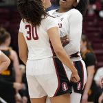 
              Stanford guard Haley Jones (30) celebrates with forward Francesca Belibi during the second half of an NCAA college basketball game against Arizona State in Stanford, Calif., Friday, Jan. 28, 2022. (AP Photo/Jeff Chiu)
            