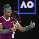 
              Rafael Nadal of Spain reacts during his semifinal against Matteo Berrettini of Italy at the Australian Open tennis championships in Melbourne, Australia, Friday, Jan. 28, 2022. (AP Photo/Hamish Blair)
            