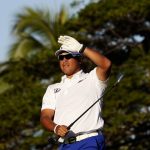 
              Hideki Matsuyama, of Japan, watches his shot from the 11th tee during the first round of the Sony Open golf tournament, Thursday, Jan. 13, 2022, at Waialae Country Club in Honolulu. (AP Photo/Matt York)
            