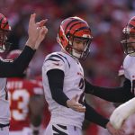 
              Cincinnati Bengals kicker Evan McPherson, center, celebrates with teammates after kicking a 32-yard field goal during the first half of the AFC championship NFL football game against the Kansas City Chiefs, Sunday, Jan. 30, 2022, in Kansas City, Mo. (AP Photo/Charlie Riedel)
            