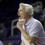
              Kansas State head coach Bruce Weber talks to his team during the first half of an NCAA college basketball game against TCU Wednesday, Jan. 12, 2022, in Manhattan, Kan. (AP Photo/Charlie Riedel)
            