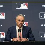 
              FILE - Major League Baseball commissioner Rob Manfred speaks during a news conference in Arlington, Texas, Thursday, Dec. 2, 2021. Major League Baseball and the players’ association are scheduled to meet Thursday, Jan. 13, 2022, in the first negotiations between the parties since labor talks broke off Dec. 1. The planning of the meeting was disclosed to The Associated Press by a person familiar with the negotiations who spoke on condition of anonymity because no announcement was made. (AP Photo/LM Otero, File)
            