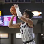 
              Gonzaga guard Andrew Nembhard shoots during the first half of an NCAA college basketball game against Loyola Marymount, Thursday, Jan. 27, 2022, in Spokane, Wash. (AP Photo/Young Kwak)
            