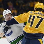 
              Vancouver Canucks defenseman Tyler Myers (57) fights with Nashville Predators right wing Michael McCarron (47) during the first period of an NHL hockey game Tuesday, Jan. 18, 2022, in Nashville, Tenn. (AP Photo/Mark Zaleski)
            