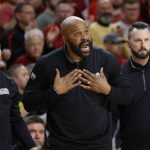 
              Missouri head coach Cuonzo Martin reacts after he was called with a technical foul during the first half of an NCAA college basketball against Iowa State, Saturday, Jan. 29, 2022, in Ames. (AP Photo/Matthew Putney)
            