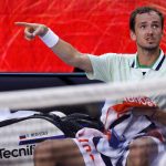 
              Daniil Medvedev of Russia reacts as he talks with the chair umpire during his fourth round match against Maxime Cressy of the U.S. at the Australian Open tennis championships in Melbourne, Australia, Monday, Jan. 24, 2022. (AP Photo/Hamish Blair)
            
